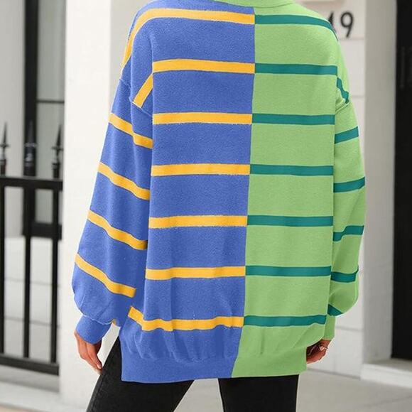 Striped Oversized Sweater Long Sleeve Color Block Loose Casual Knit Pullover Top - Picture 2 of 3